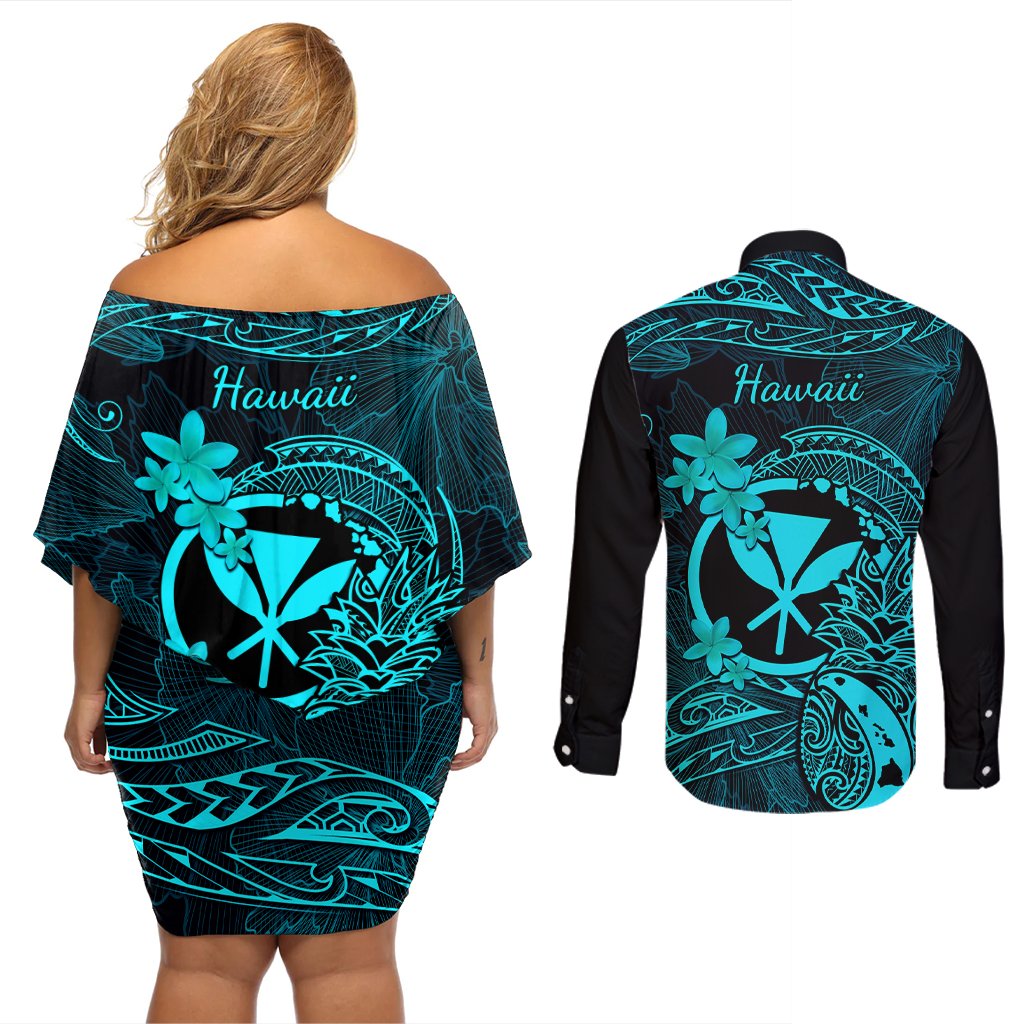 Hawaii Couples Matching Off Shoulder Short Dress and Long Sleeve Button Shirts Pineapple Mix Polynesian Plumeria Turquoise Version LT14 - Polynesian Pride