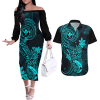 Hawaii Couples Matching Off The Shoulder Long Sleeve Dress and Hawaiian Shirt Pineapple Mix Polynesian Plumeria Turquoise Version LT14 Turquoise - Polynesian Pride