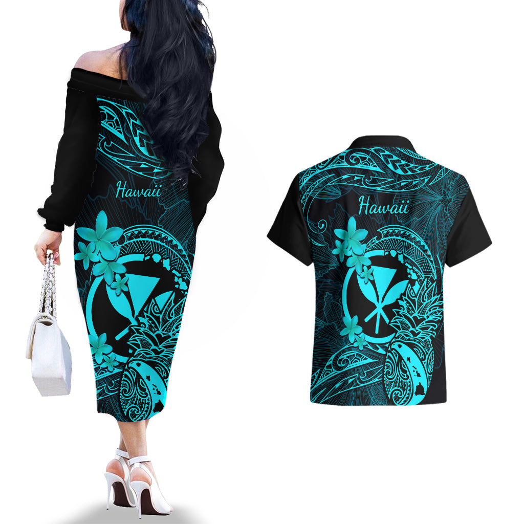 Hawaii Couples Matching Off The Shoulder Long Sleeve Dress and Hawaiian Shirt Pineapple Mix Polynesian Plumeria Turquoise Version LT14 - Polynesian Pride