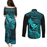 Hawaii Couples Matching Puletasi Dress and Long Sleeve Button Shirts Pineapple Mix Polynesian Plumeria Turquoise Version LT14 - Polynesian Pride