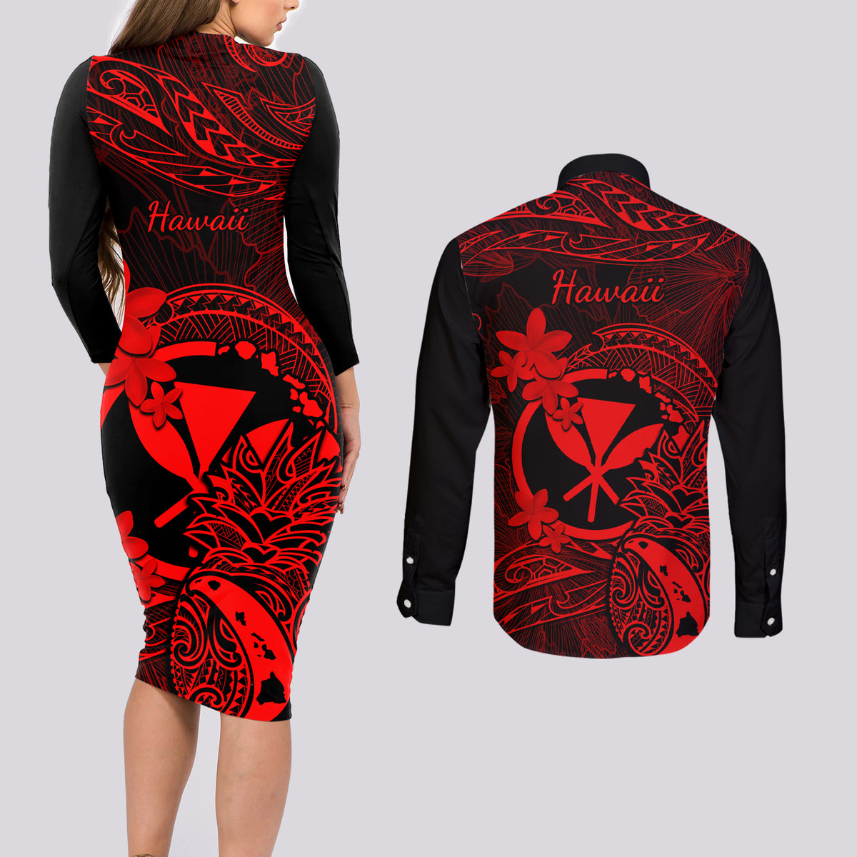 Hawaii Couples Matching Long Sleeve Bodycon Dress and Long Sleeve Button Shirts Pineapple Mix Polynesian Plumeria Red Version LT14 - Polynesian Pride