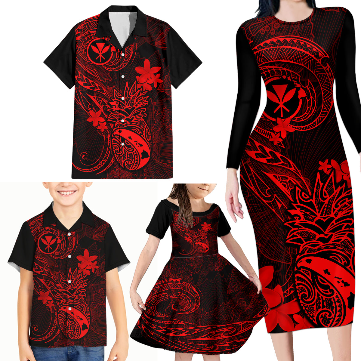 Hawaii Family Matching Long Sleeve Bodycon Dress and Hawaiian Shirt Pineapple Mix Polynesian Plumeria Red Version LT14 - Polynesian Pride