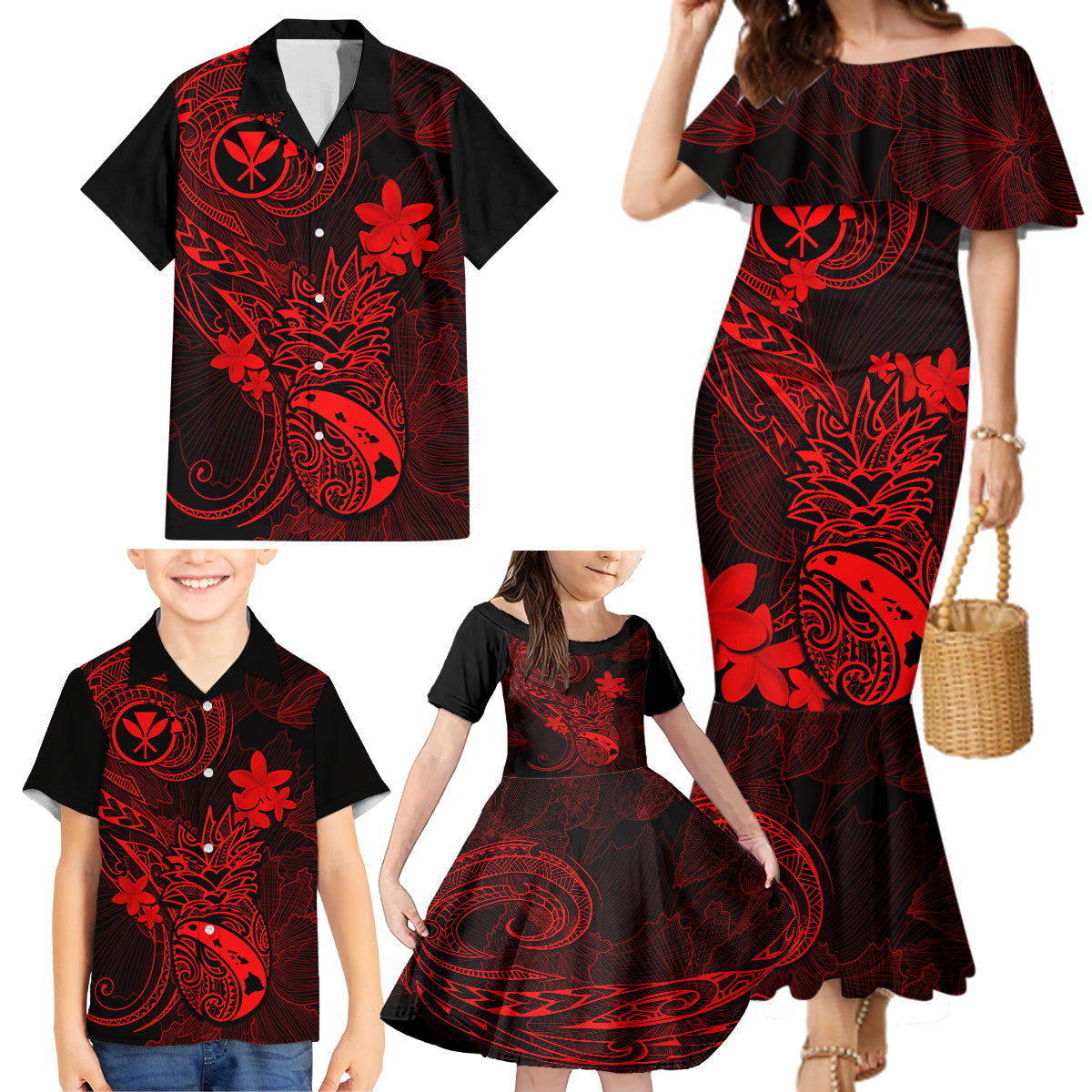 Hawaii Family Matching Mermaid Dress and Hawaiian Shirt Pineapple Mix Polynesian Plumeria Red Version LT14 - Polynesian Pride