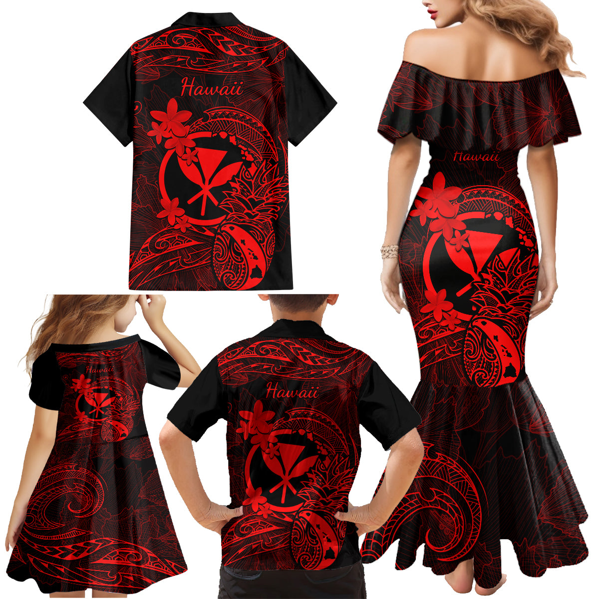 Hawaii Family Matching Mermaid Dress and Hawaiian Shirt Pineapple Mix Polynesian Plumeria Red Version LT14 - Polynesian Pride