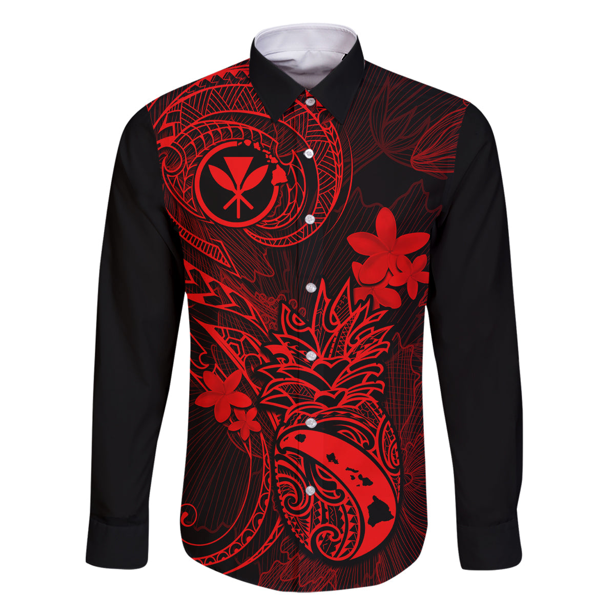 Hawaii Family Matching Off Shoulder Long Sleeve Dress and Hawaiian Shirt Pineapple Mix Polynesian Plumeria Red Version LT14 Dad's Shirt - Long Sleeve Red - Polynesian Pride