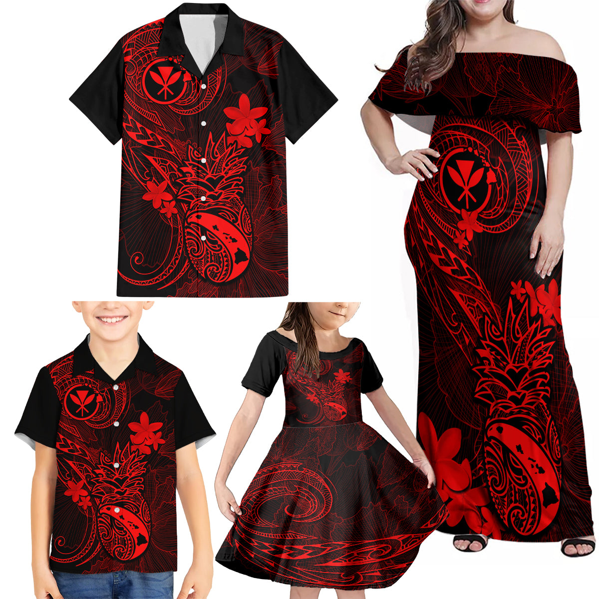 Hawaii Family Matching Off Shoulder Maxi Dress and Hawaiian Shirt Pineapple Mix Polynesian Plumeria Red Version LT14 - Polynesian Pride