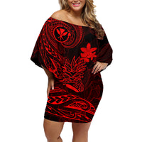 Hawaii Family Matching Off Shoulder Short Dress and Hawaiian Shirt Pineapple Mix Polynesian Plumeria Red Version LT14 Mom's Dress Red - Polynesian Pride