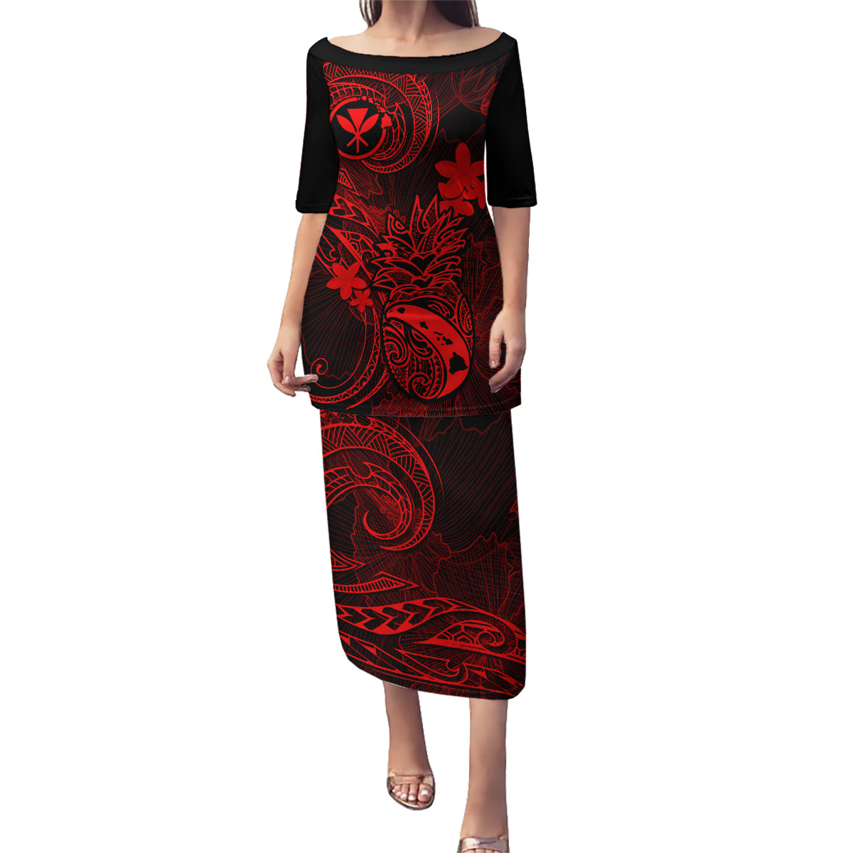Hawaii Family Matching Puletasi Dress and Hawaiian Shirt Pineapple Mix Polynesian Plumeria Red Version LT14 Mom's Dress Red - Polynesian Pride