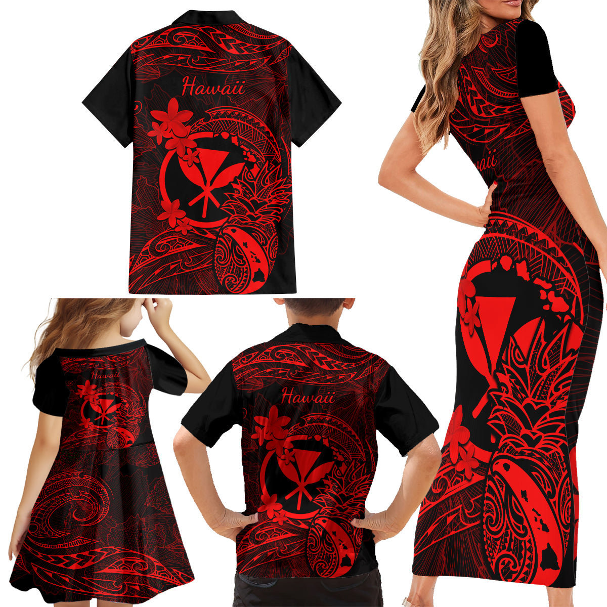 Hawaii Family Matching Short Sleeve Bodycon Dress and Hawaiian Shirt Pineapple Mix Polynesian Plumeria Red Version LT14 - Polynesian Pride