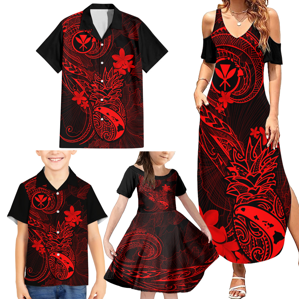 Hawaii Family Matching Summer Maxi Dress and Hawaiian Shirt Pineapple Mix Polynesian Plumeria Red Version LT14 - Polynesian Pride