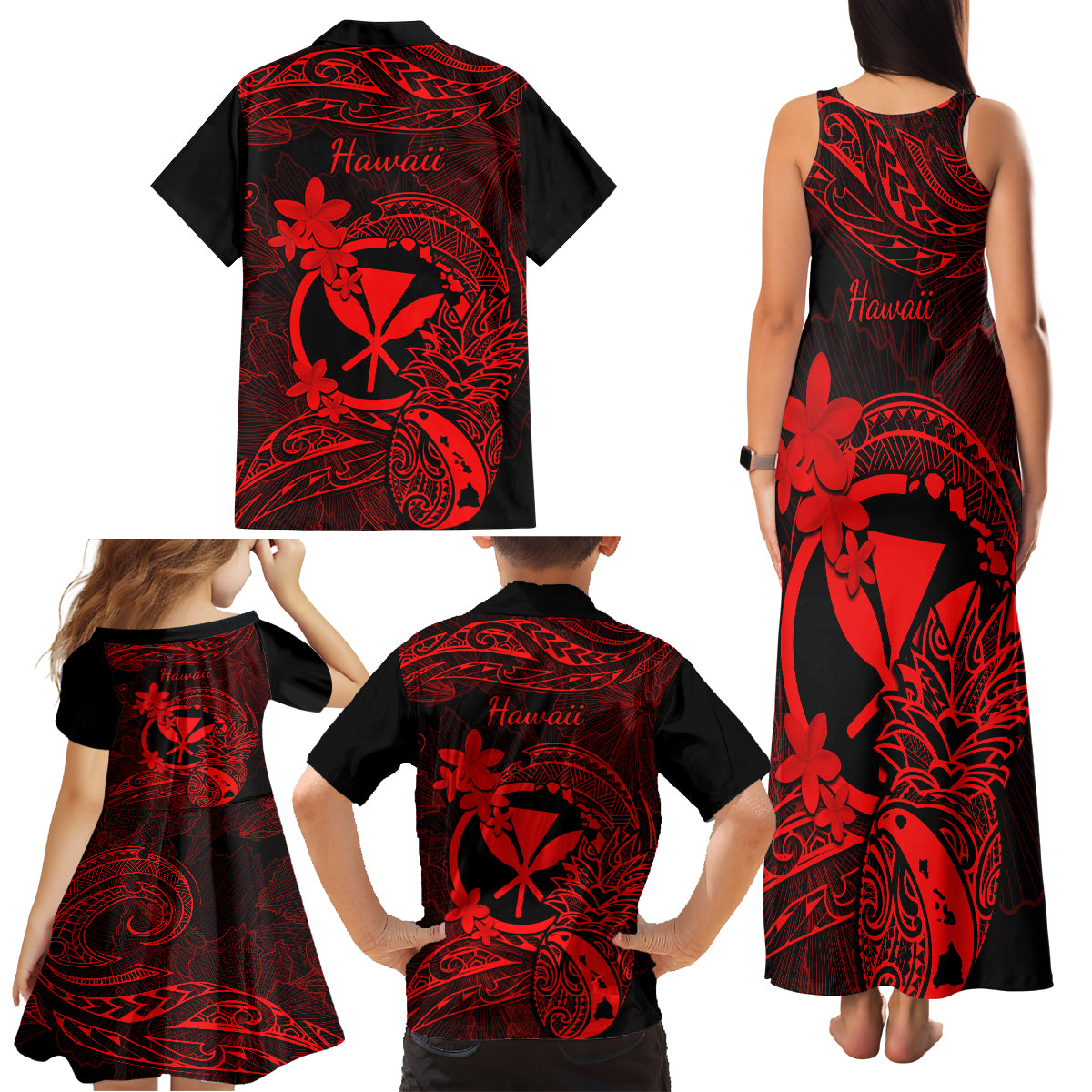 Hawaii Family Matching Tank Maxi Dress and Hawaiian Shirt Pineapple Mix Polynesian Plumeria Red Version LT14 - Polynesian Pride