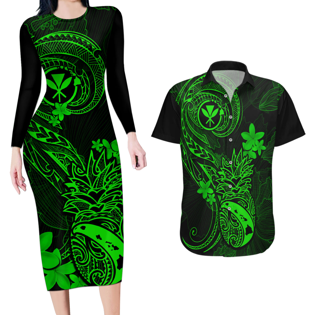 Hawaii Couples Matching Long Sleeve Bodycon Dress and Hawaiian Shirt Pineapple Mix Polynesian Plumeria Green Version LT14 Green - Polynesian Pride