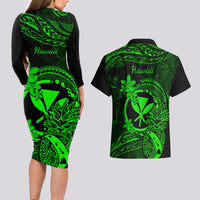 Hawaii Couples Matching Long Sleeve Bodycon Dress and Hawaiian Shirt Pineapple Mix Polynesian Plumeria Green Version LT14 - Polynesian Pride