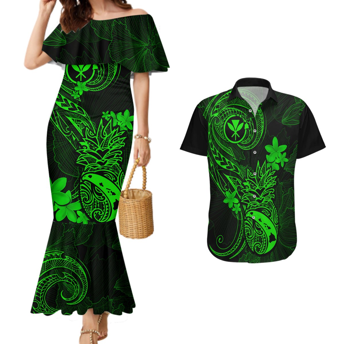 Hawaii Couples Matching Mermaid Dress and Hawaiian Shirt Pineapple Mix Polynesian Plumeria Green Version LT14 Green - Polynesian Pride