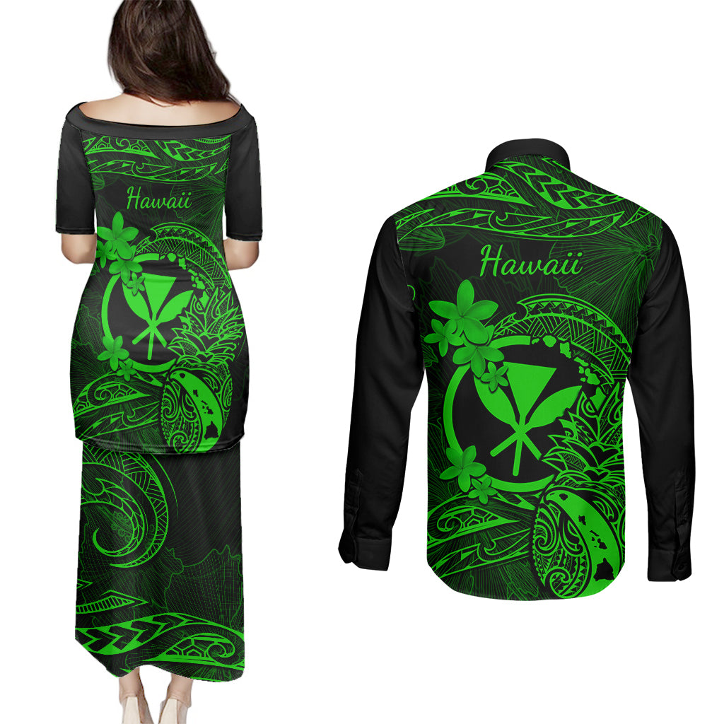 hawaii-couples-matching-puletasi-dress-and-long-sleeve-button-shirts-pineapple-mix-polynesian-plumeria-green-version