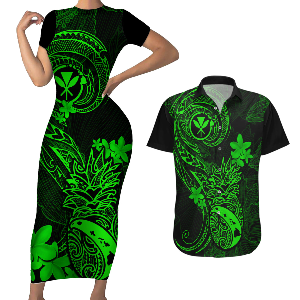 Hawaii Couples Matching Short Sleeve Bodycon Dress and Hawaiian Shirt Pineapple Mix Polynesian Plumeria Green Version LT14 Green - Polynesian Pride