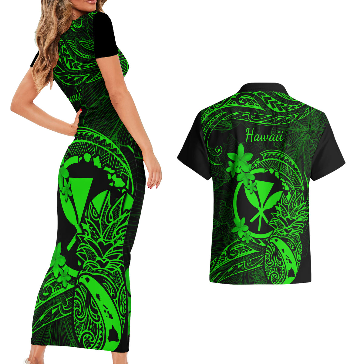 Hawaii Couples Matching Short Sleeve Bodycon Dress and Hawaiian Shirt Pineapple Mix Polynesian Plumeria Green Version LT14 - Polynesian Pride