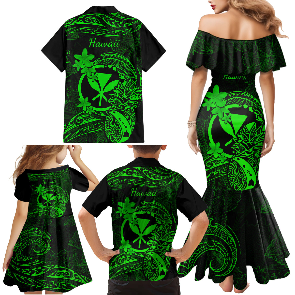 Hawaii Family Matching Mermaid Dress and Hawaiian Shirt Pineapple Mix Polynesian Plumeria Green Version LT14 - Polynesian Pride