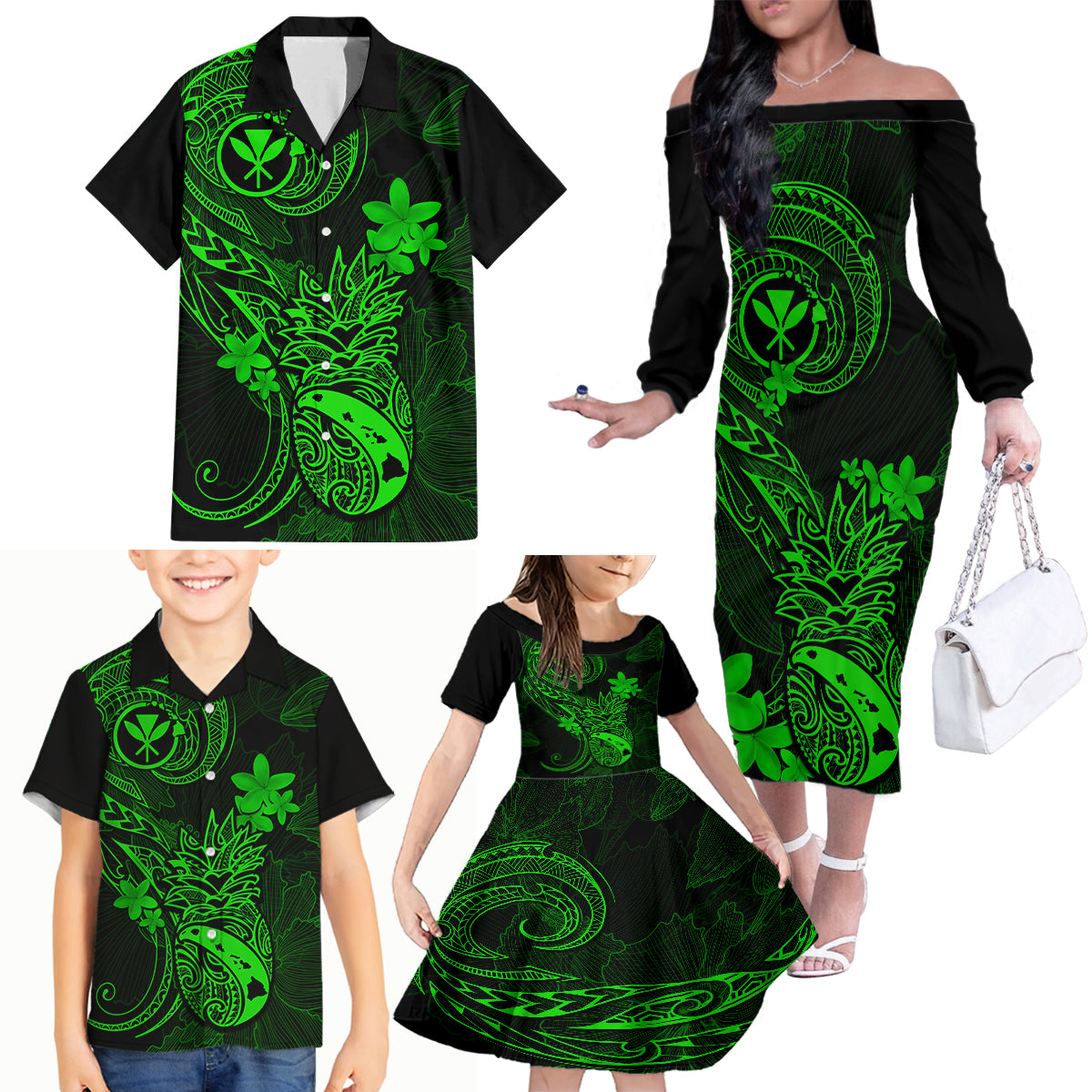 Hawaii Family Matching Off Shoulder Long Sleeve Dress and Hawaiian Shirt Pineapple Mix Polynesian Plumeria Green Version LT14 - Polynesian Pride