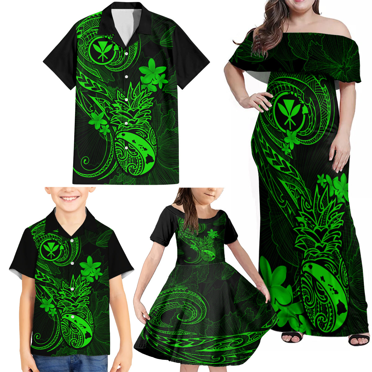 Hawaii Family Matching Off Shoulder Maxi Dress and Hawaiian Shirt Pineapple Mix Polynesian Plumeria Green Version LT14 - Polynesian Pride