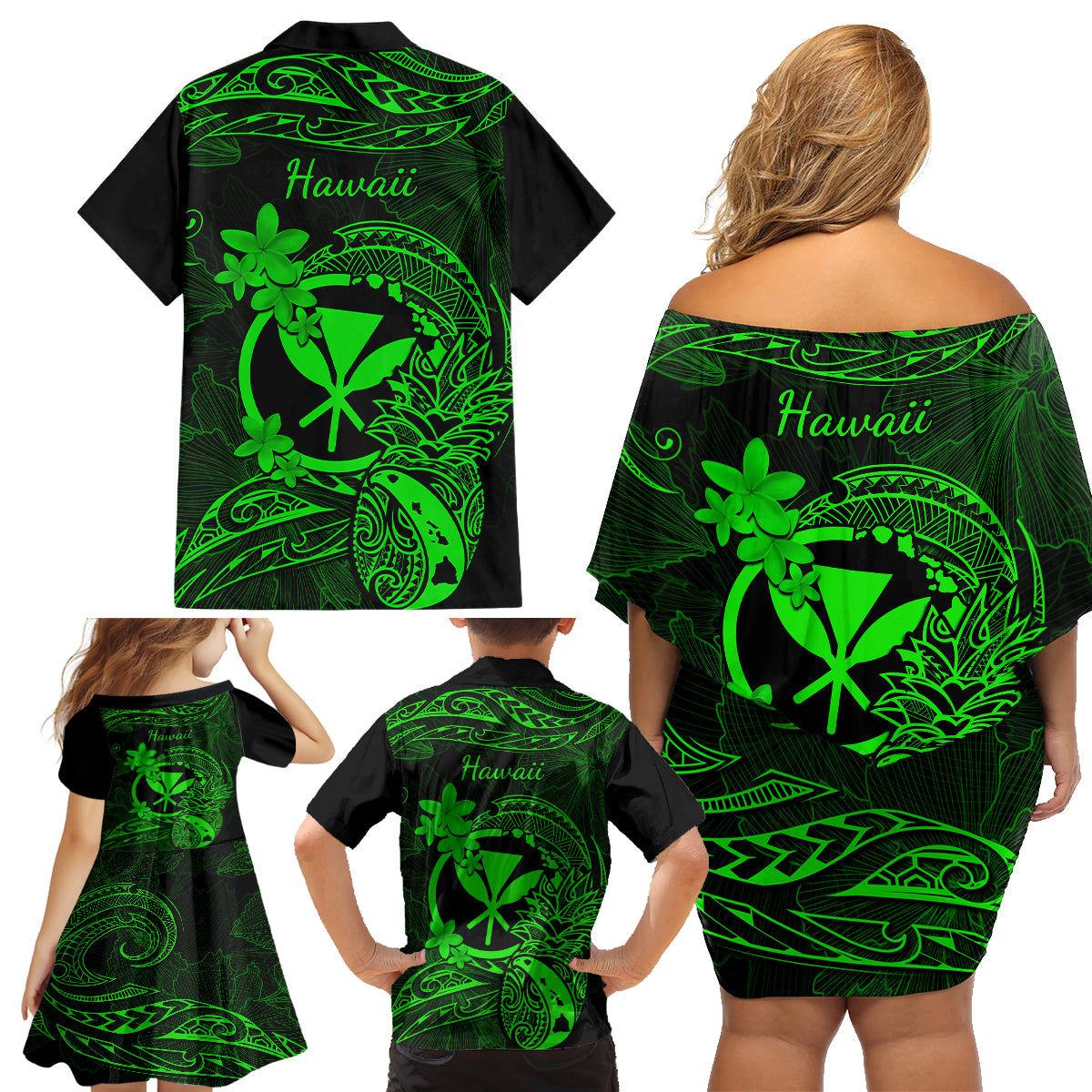 Hawaii Family Matching Off Shoulder Short Dress and Hawaiian Shirt Pineapple Mix Polynesian Plumeria Green Version LT14 - Polynesian Pride