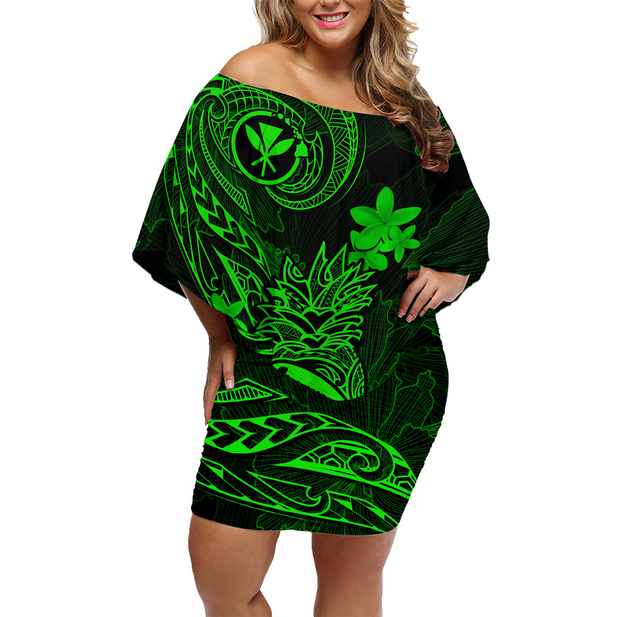 Hawaii Family Matching Off Shoulder Short Dress and Hawaiian Shirt Pineapple Mix Polynesian Plumeria Green Version LT14 Mom's Dress Green - Polynesian Pride
