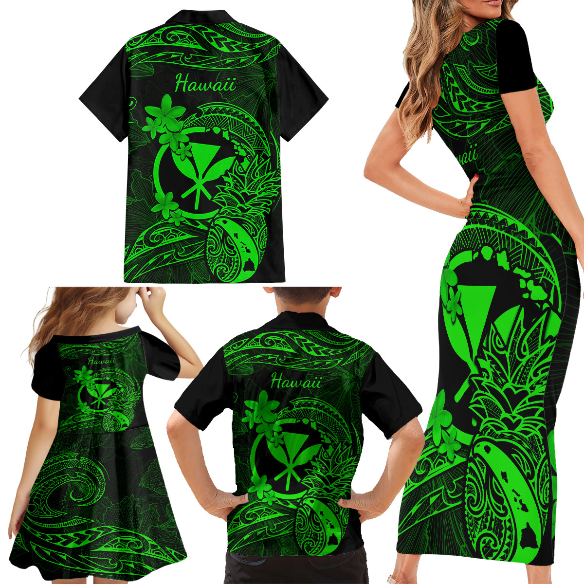 Hawaii Family Matching Short Sleeve Bodycon Dress and Hawaiian Shirt Pineapple Mix Polynesian Plumeria Green Version LT14 - Polynesian Pride