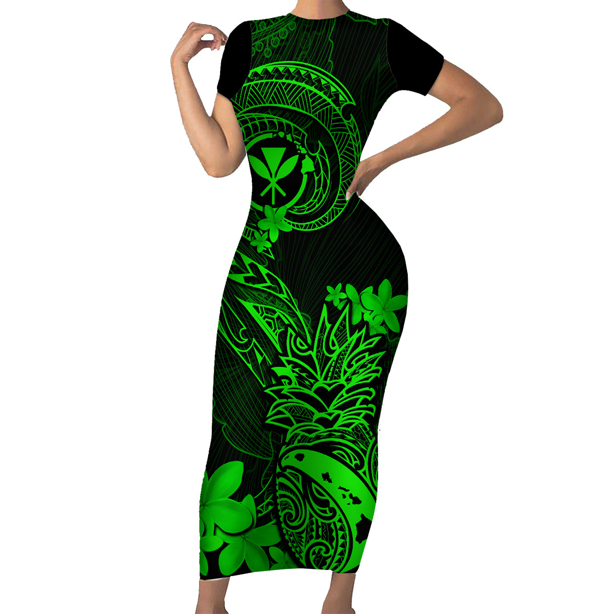 Hawaii Family Matching Short Sleeve Bodycon Dress and Hawaiian Shirt Pineapple Mix Polynesian Plumeria Green Version LT14 Mom's Dress Green - Polynesian Pride