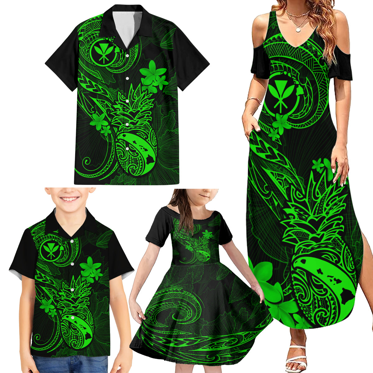 Hawaii Family Matching Summer Maxi Dress and Hawaiian Shirt Pineapple Mix Polynesian Plumeria Green Version LT14 - Polynesian Pride
