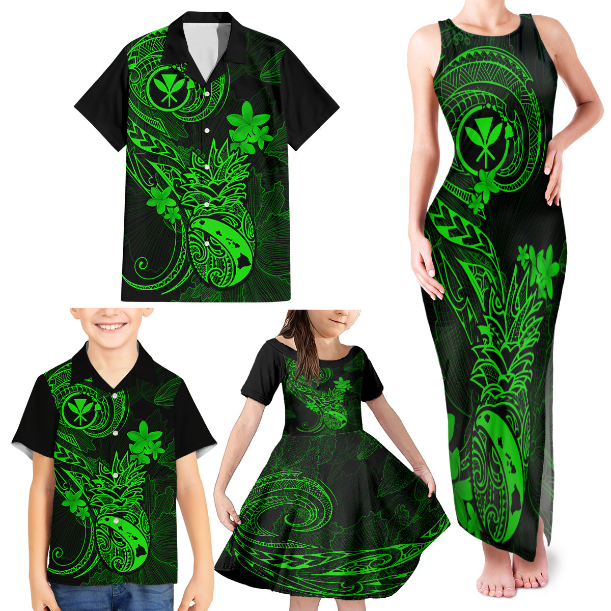 Hawaii Family Matching Tank Maxi Dress and Hawaiian Shirt Pineapple Mix Polynesian Plumeria Green Version LT14 - Polynesian Pride