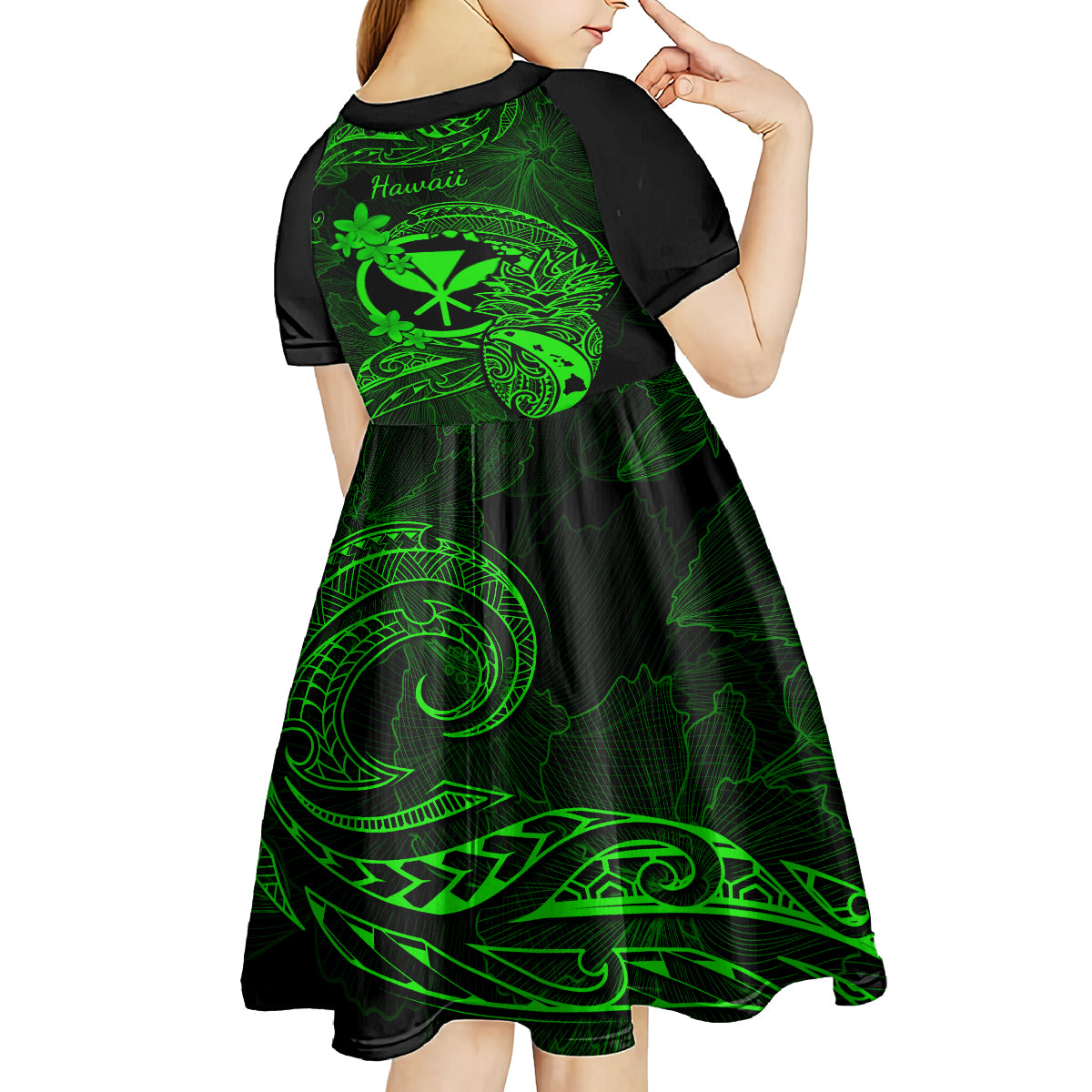 hawaii-kid-short-sleeve-dress-pineapple-mix-polynesian-plumeria-green-version