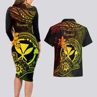 Hawaii Couples Matching Long Sleeve Bodycon Dress and Hawaiian Shirt Shaka Tattoo Mix Polynesian Plumeria Reggae Version LT14 - Polynesian Pride
