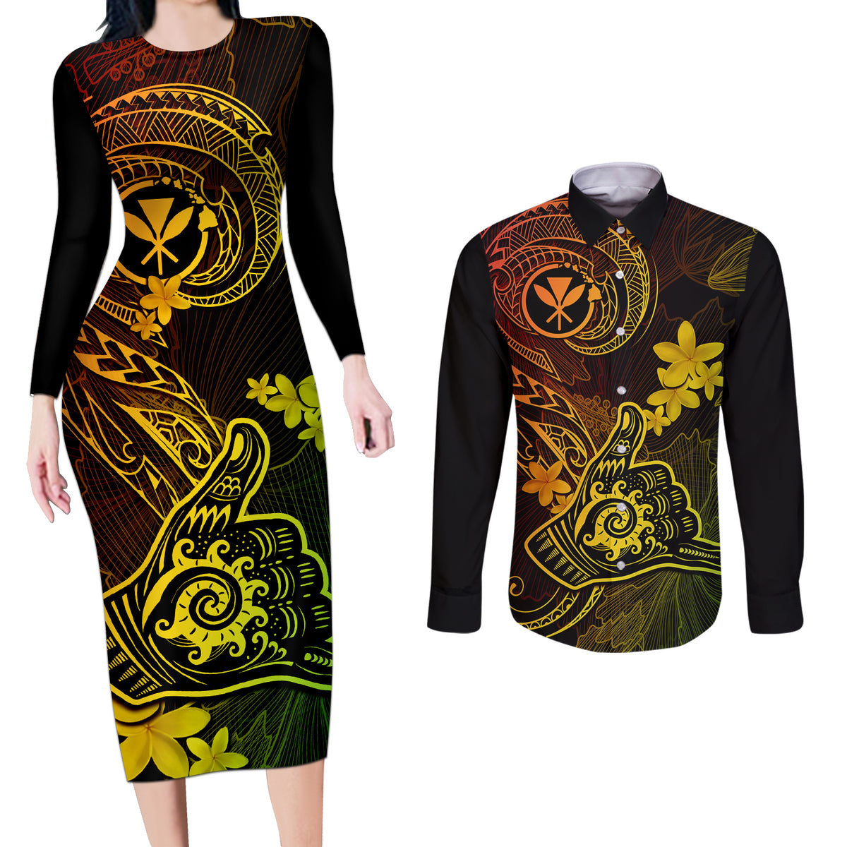 Hawaii Couples Matching Long Sleeve Bodycon Dress and Long Sleeve Button Shirts Shaka Tattoo Mix Polynesian Plumeria Reggae Version LT14 Reggae - Polynesian Pride