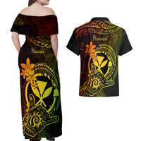 Hawaii Couples Matching Off Shoulder Maxi Dress and Hawaiian Shirt Shaka Tattoo Mix Polynesian Plumeria Reggae Version LT14 - Polynesian Pride