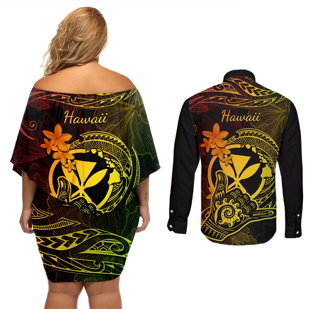 hawaii-couples-matching-off-shoulder-short-dress-and-long-sleeve-button-shirts-shaka-tattoo-mix-polynesian-plumeria-reggae-version