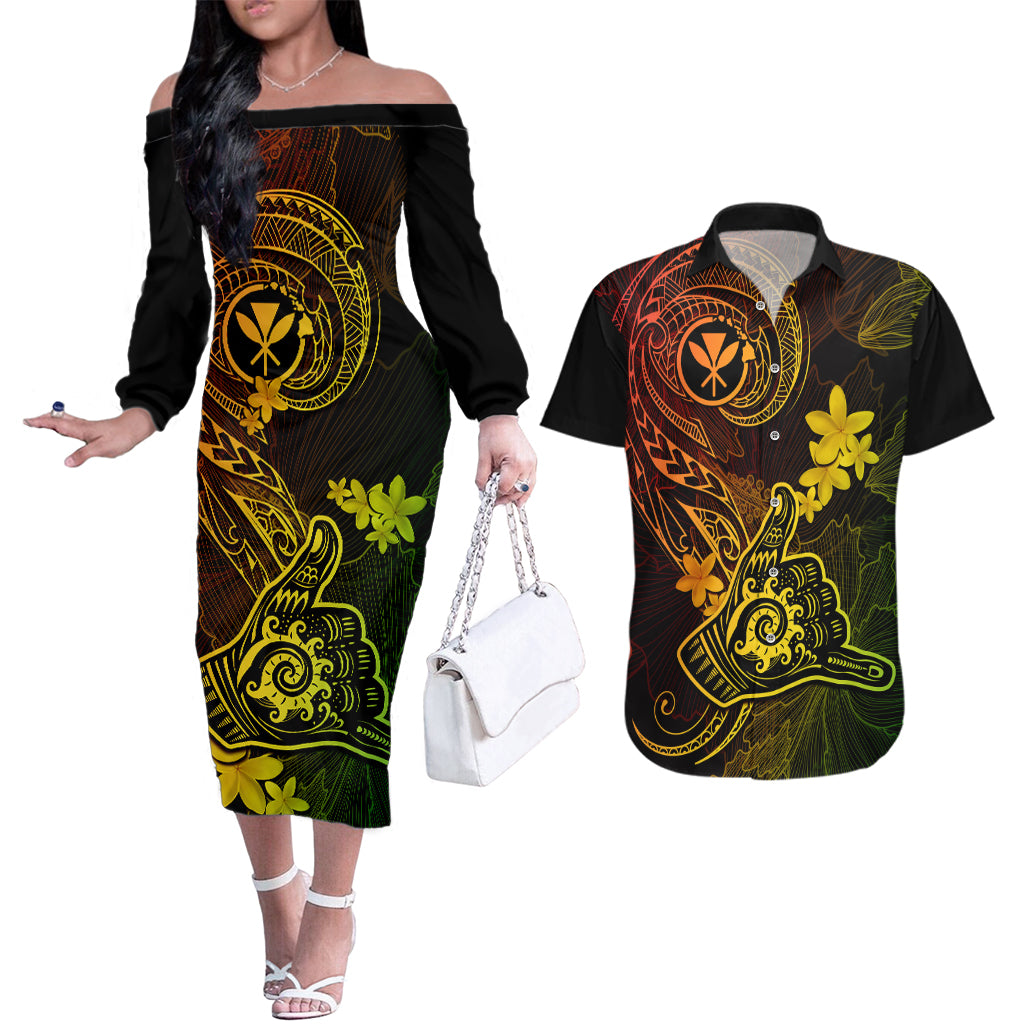 Hawaii Couples Matching Off The Shoulder Long Sleeve Dress and Hawaiian Shirt Shaka Tattoo Mix Polynesian Plumeria Reggae Version LT14 Reggae - Polynesian Pride