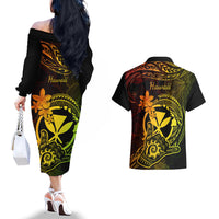 Hawaii Couples Matching Off The Shoulder Long Sleeve Dress and Hawaiian Shirt Shaka Tattoo Mix Polynesian Plumeria Reggae Version LT14 - Polynesian Pride