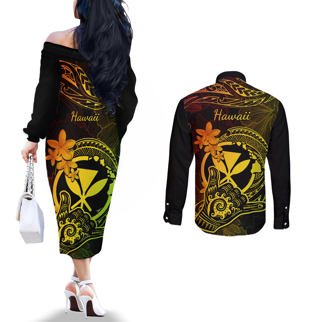 Hawaii Couples Matching Off The Shoulder Long Sleeve Dress and Long Sleeve Button Shirts Shaka Tattoo Mix Polynesian Plumeria Reggae Version LT14 - Polynesian Pride