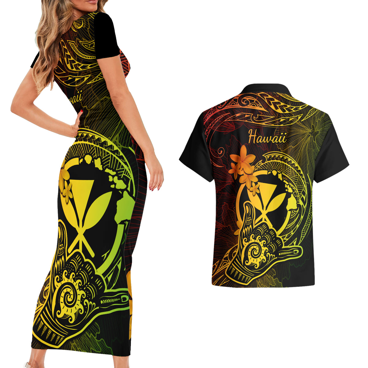Hawaii Couples Matching Short Sleeve Bodycon Dress and Hawaiian Shirt Shaka Tattoo Mix Polynesian Plumeria Reggae Version LT14 - Polynesian Pride
