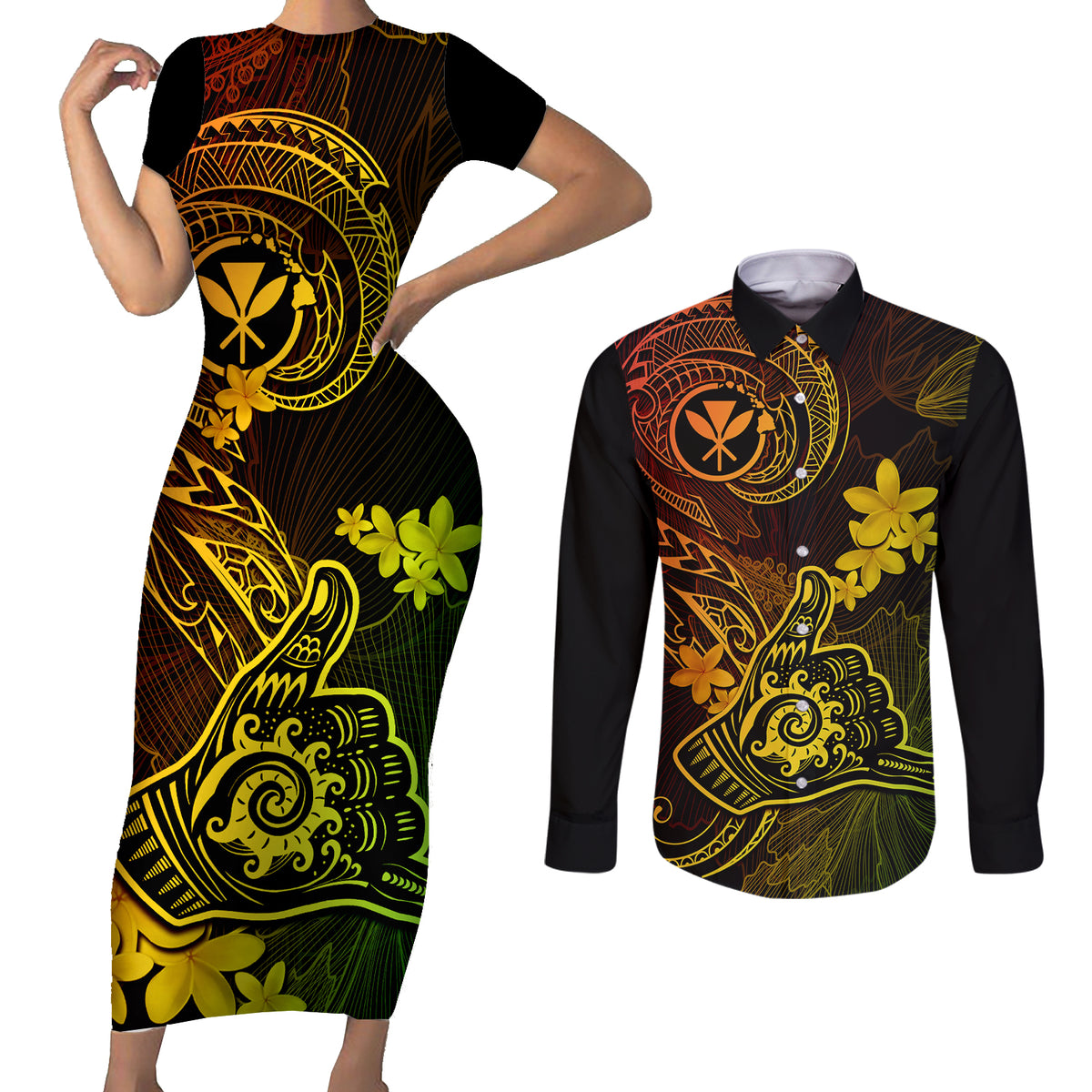Hawaii Couples Matching Short Sleeve Bodycon Dress and Long Sleeve Button Shirts Shaka Tattoo Mix Polynesian Plumeria Reggae Version LT14 Reggae - Polynesian Pride