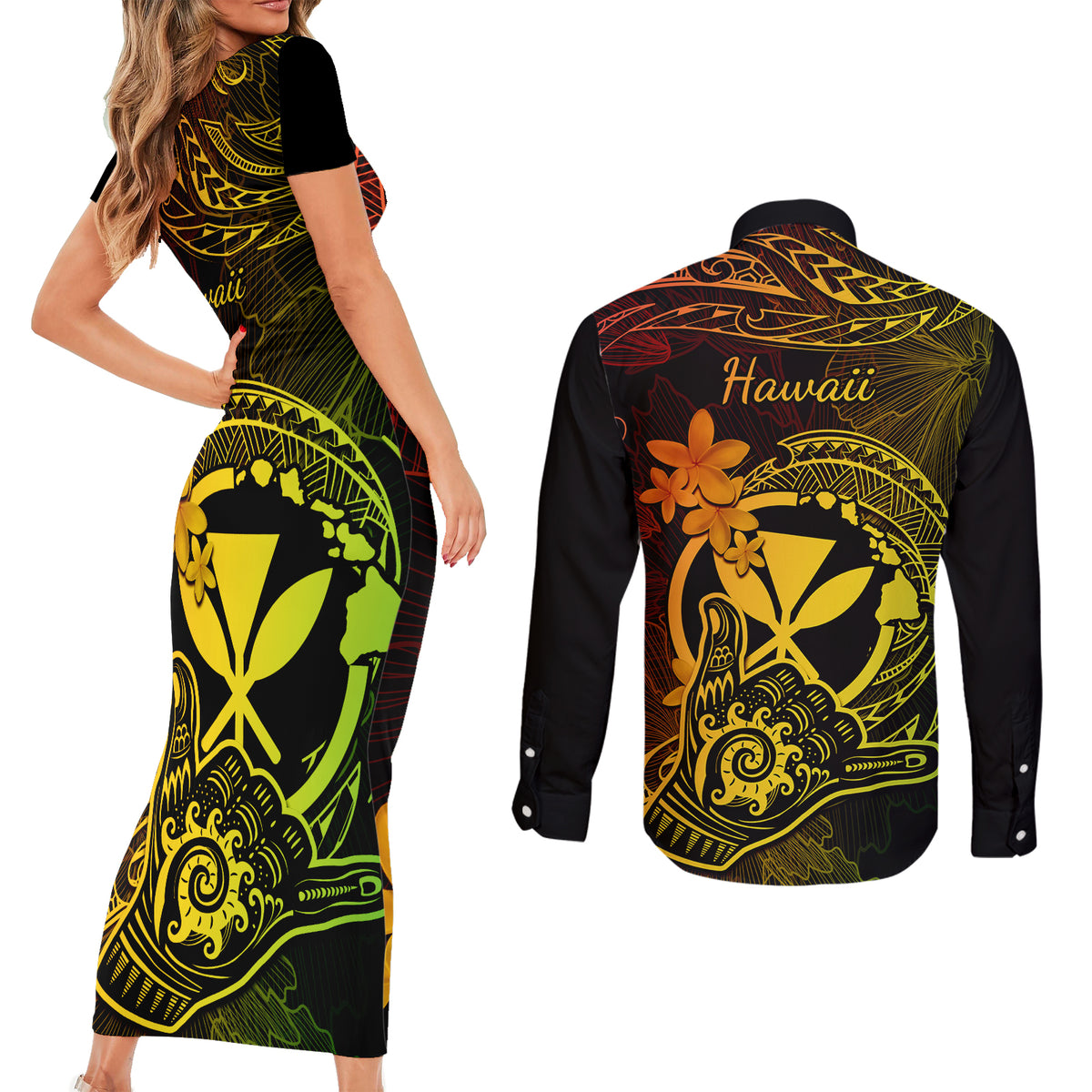 Hawaii Couples Matching Short Sleeve Bodycon Dress and Long Sleeve Button Shirts Shaka Tattoo Mix Polynesian Plumeria Reggae Version LT14 - Polynesian Pride