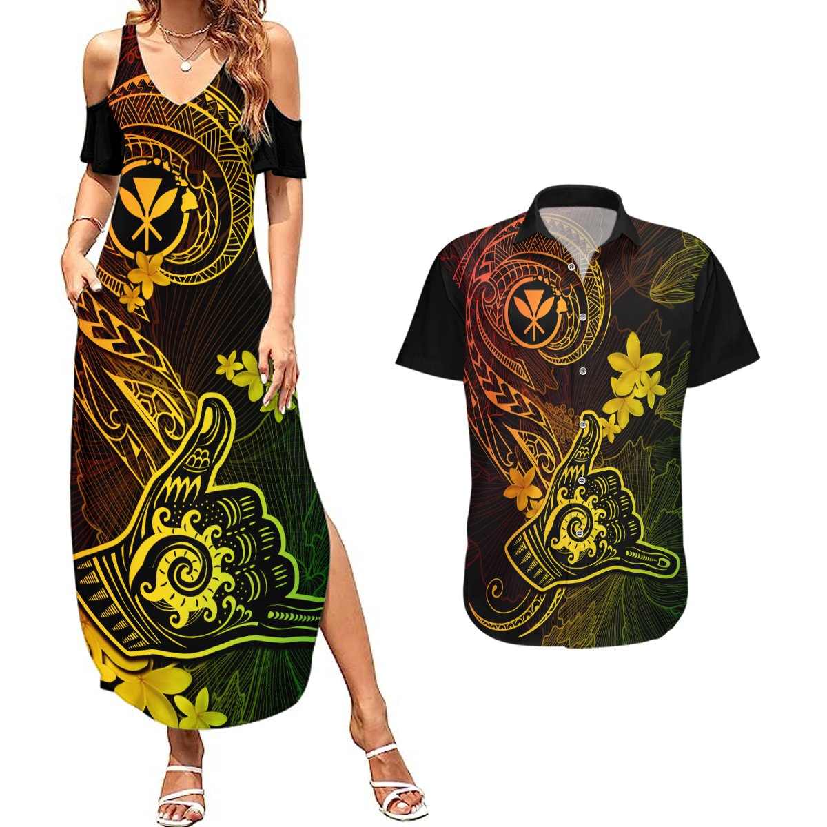Hawaii Couples Matching Summer Maxi Dress and Hawaiian Shirt Shaka Tattoo Mix Polynesian Plumeria Reggae Version LT14 Reggae - Polynesian Pride