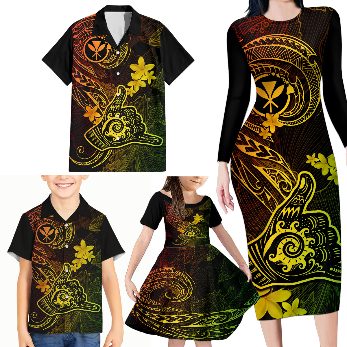 Hawaii Family Matching Long Sleeve Bodycon Dress and Hawaiian Shirt Shaka Tattoo Mix Polynesian Plumeria Reggae Version LT14 - Polynesian Pride