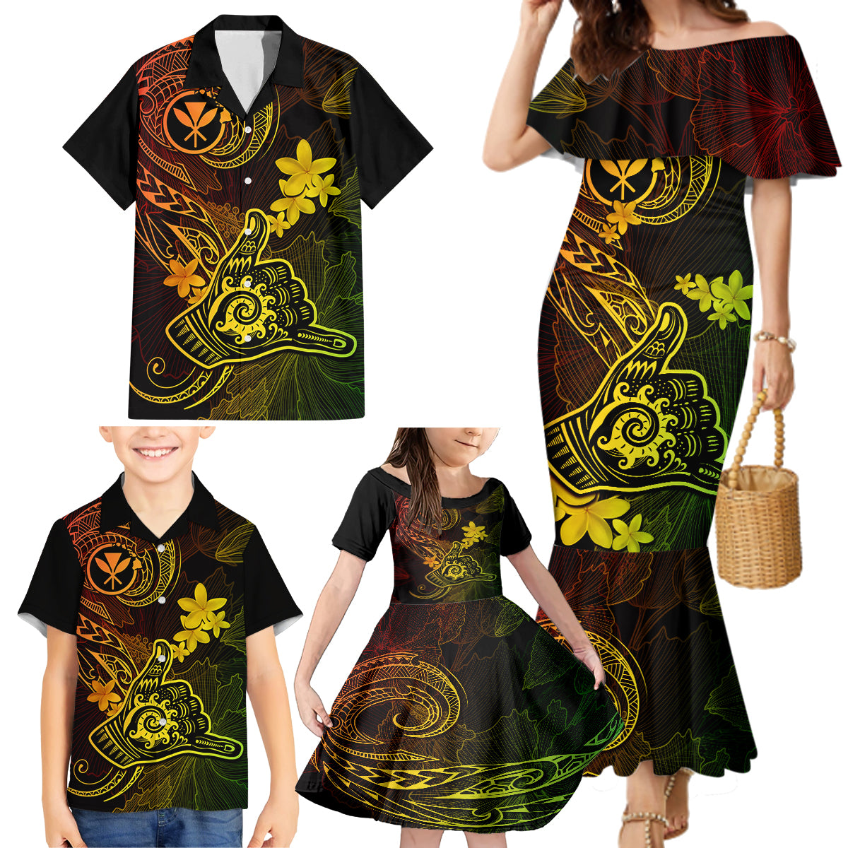 Hawaii Family Matching Mermaid Dress and Hawaiian Shirt Shaka Tattoo Mix Polynesian Plumeria Reggae Version LT14 - Polynesian Pride
