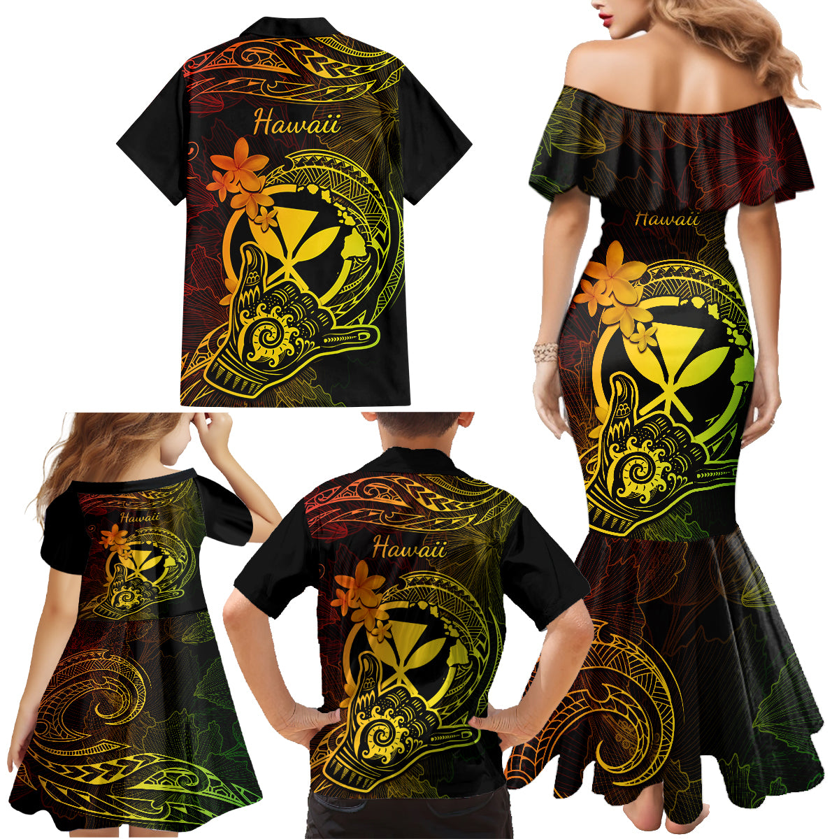 Hawaii Family Matching Mermaid Dress and Hawaiian Shirt Shaka Tattoo Mix Polynesian Plumeria Reggae Version LT14 - Polynesian Pride