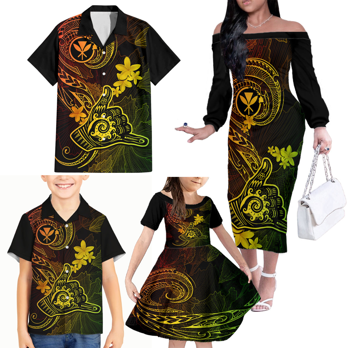 Hawaii Family Matching Off Shoulder Long Sleeve Dress and Hawaiian Shirt Shaka Tattoo Mix Polynesian Plumeria Reggae Version LT14 - Polynesian Pride