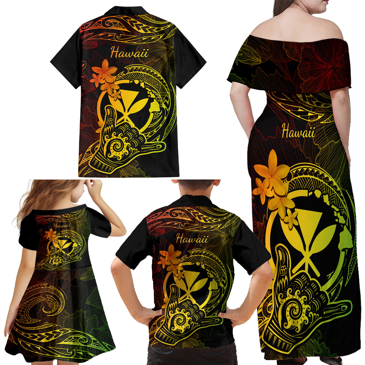 Hawaii Family Matching Off Shoulder Long Sleeve Dress and Hawaiian Shirt Shaka Tattoo Mix Polynesian Plumeria Reggae Version LT14 - Polynesian Pride