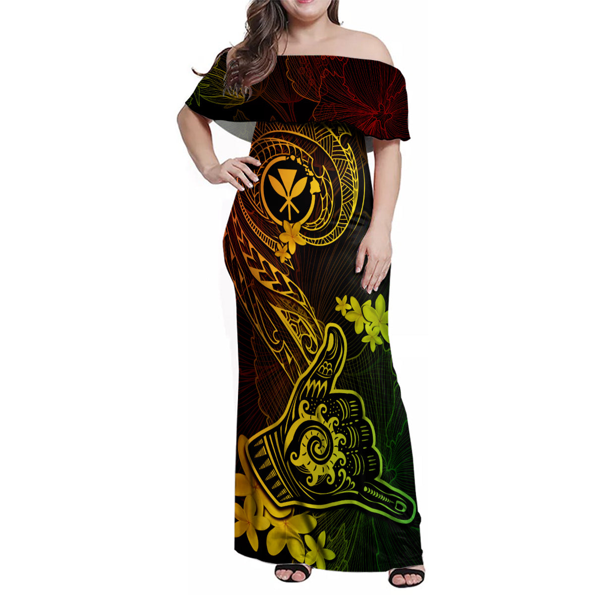 Hawaii Family Matching Off Shoulder Maxi Dress and Hawaiian Shirt Shaka Tattoo Mix Polynesian Plumeria Reggae Version LT14 Mom's Dress Reggae - Polynesian Pride