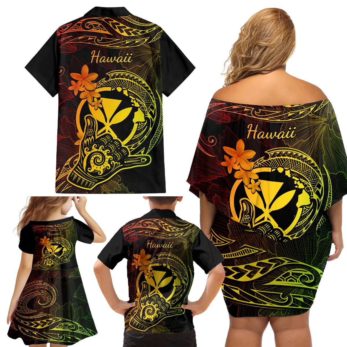 Hawaii Family Matching Off Shoulder Short Dress and Hawaiian Shirt Shaka Tattoo Mix Polynesian Plumeria Reggae Version LT14 - Polynesian Pride