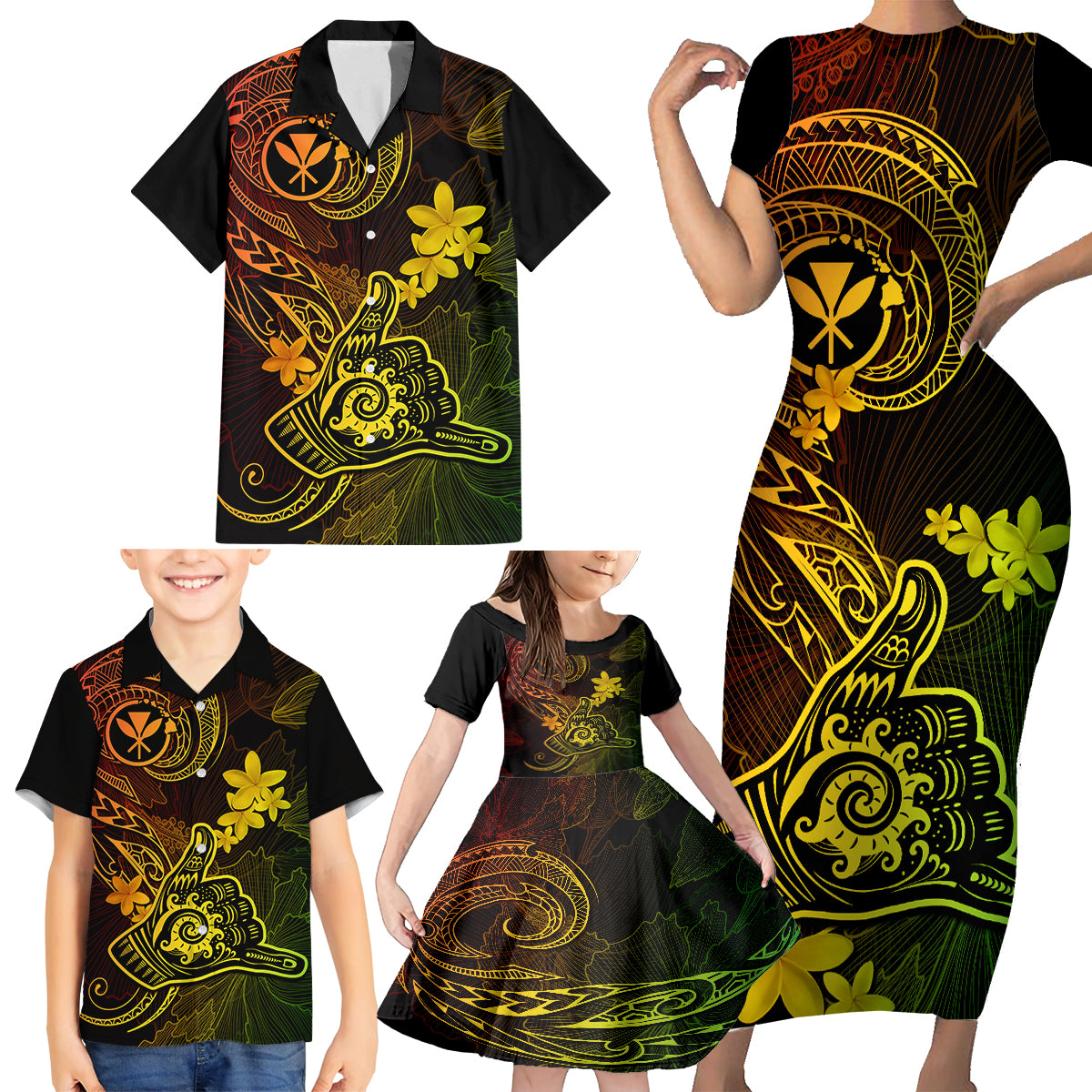 Hawaii Family Matching Short Sleeve Bodycon Dress and Hawaiian Shirt Shaka Tattoo Mix Polynesian Plumeria Reggae Version LT14 - Polynesian Pride